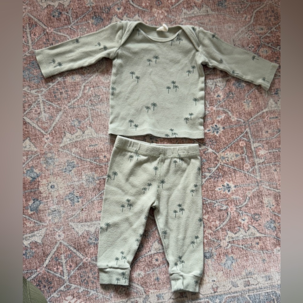Quincy Mae green palm tree print ribbed outfit 3-6m